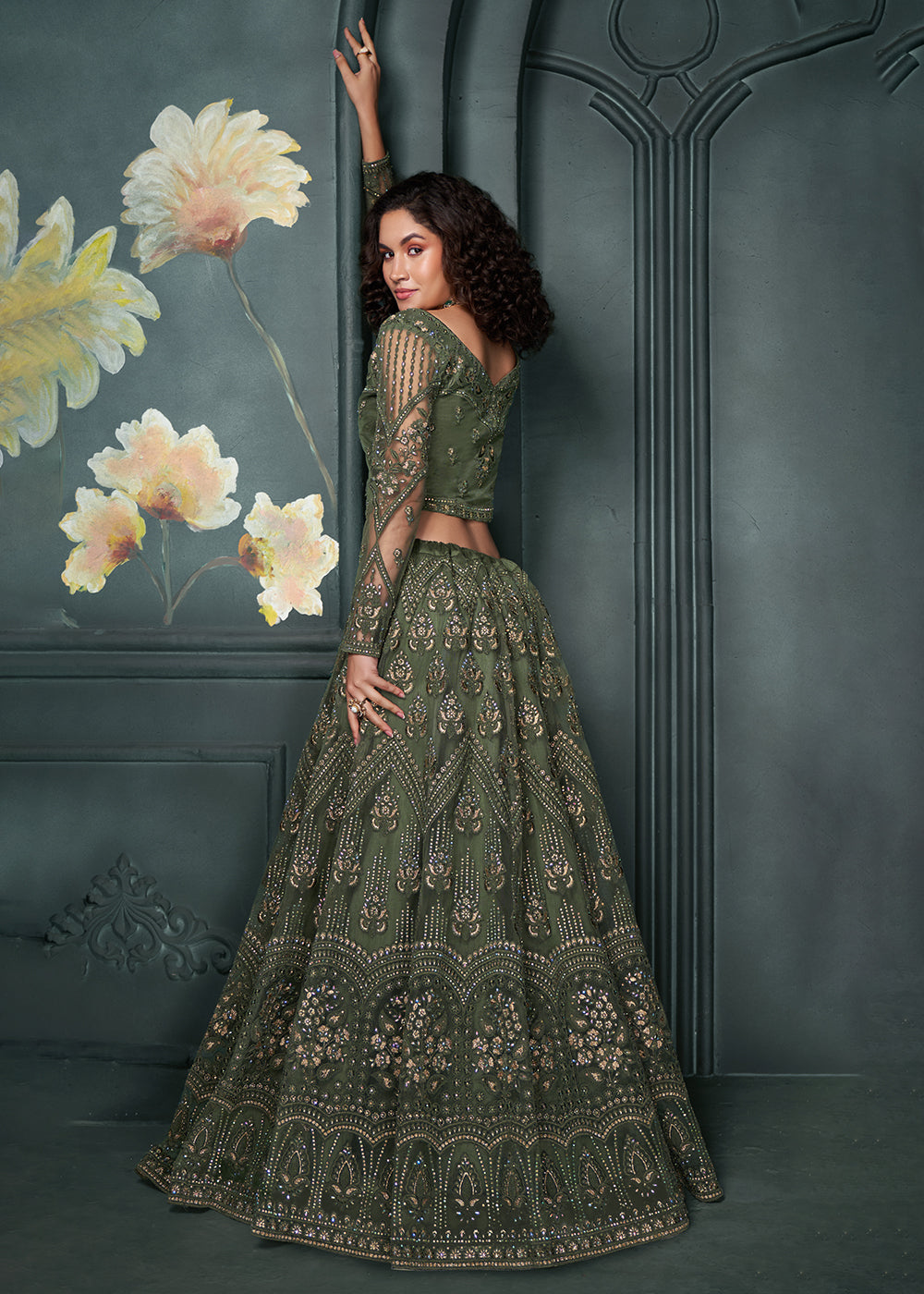 Designer Dark Olive  Beautifully Embroidered Bridal  Lehenga Choli