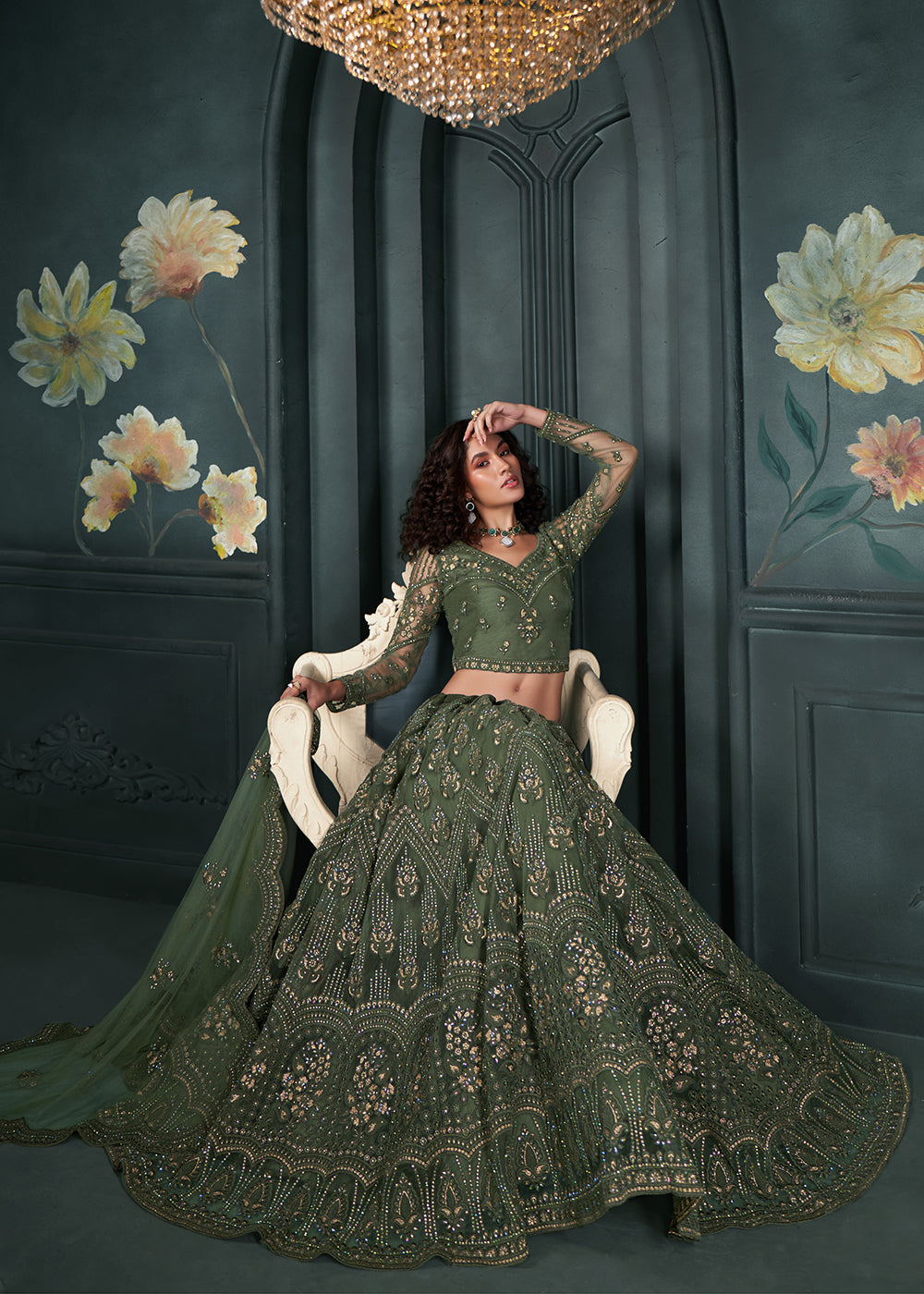 Designer Dark Olive  Beautifully Embroidered Bridal  Lehenga Choli