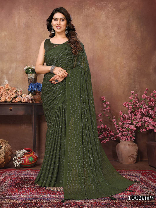 Green Satin Silk Saree With Blouse Piece