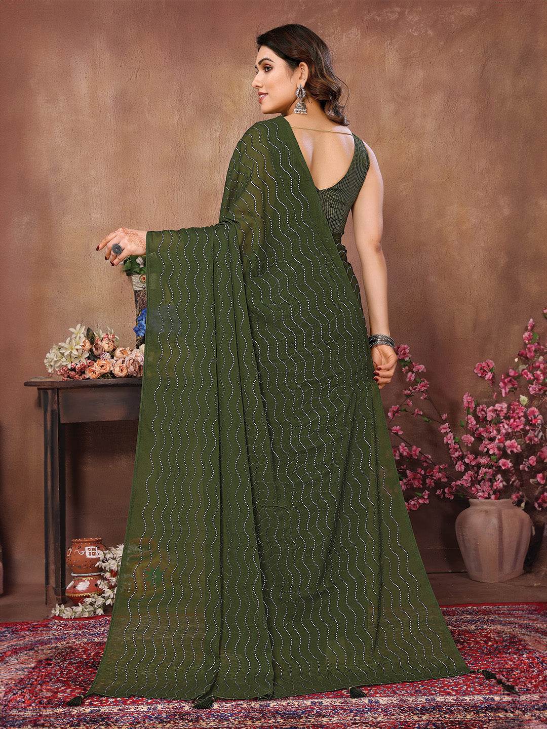 Green Satin Silk Saree With Blouse Piece