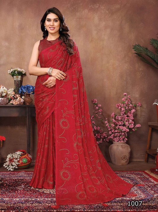 Red Satin Silk Saree With Blouse Piece