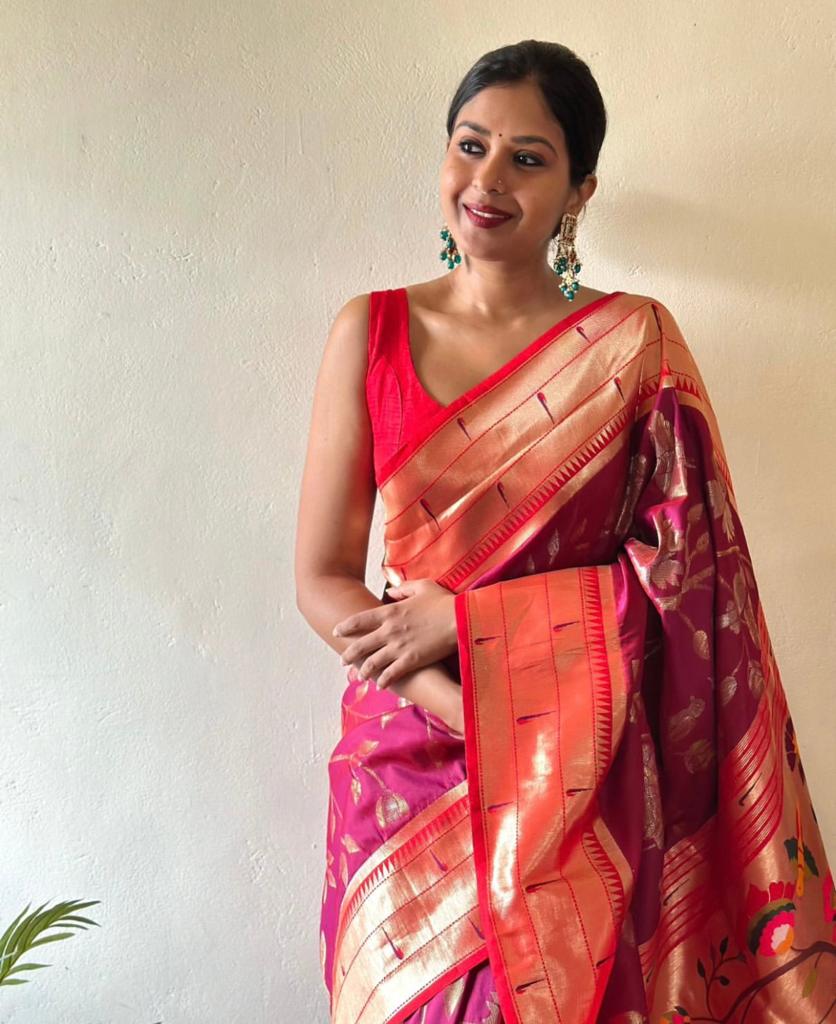 Symmetrical Dark Pink Paithani Silk Saree With Epiphany Blouse Piece