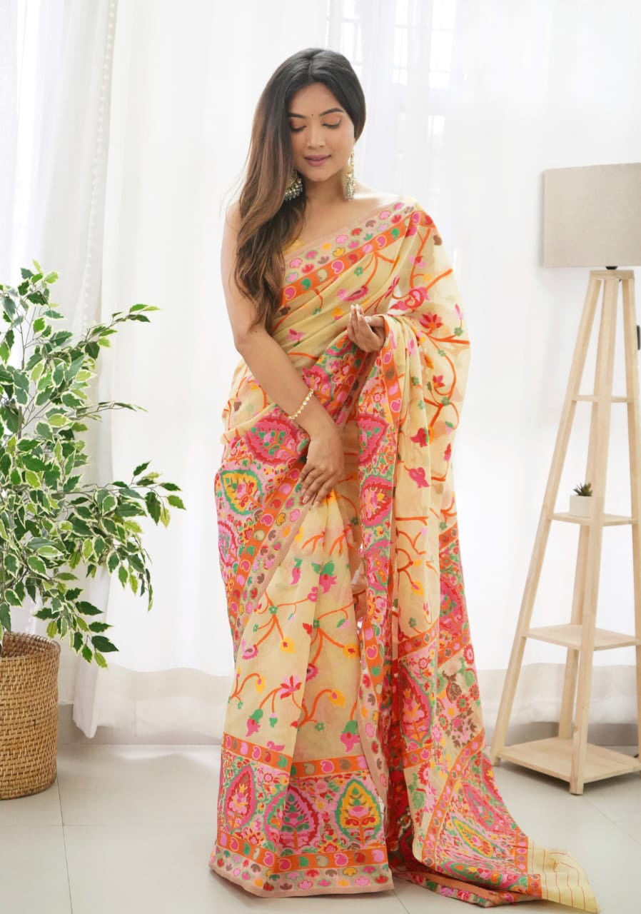 Classy Beige Pashmina saree With Gleaming Blouse Piece