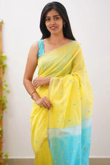 Arresting Yellow Cotton Silk Saree With Jazzy Blouse Piece