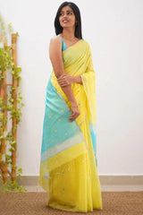 Arresting Yellow Cotton Silk Saree With Jazzy Blouse Piece