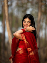 Murmurous Red Cotton Silk Saree With Capricious Blouse Piece