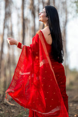 Murmurous Red Cotton Silk Saree With Capricious Blouse Piece