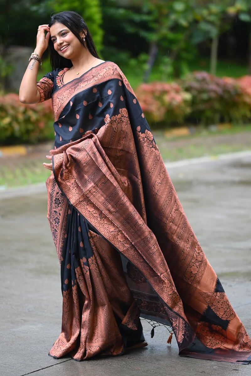 Gleaming Black Soft Silk Saree With Invaluable Blouse Piece