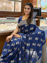 Capricious Navy Blue Soft Silk Saree With Dazzling Blouse Piece