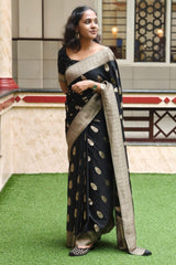 Delightful Black Soft Silk Saree With Gleaming Blouse Piece