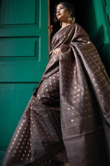 Groovy Brown Soft Silk Saree With Artistic Blouse Piece