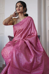 Gossamer Pink Soft Silk Saree With Blooming Blouse Piece