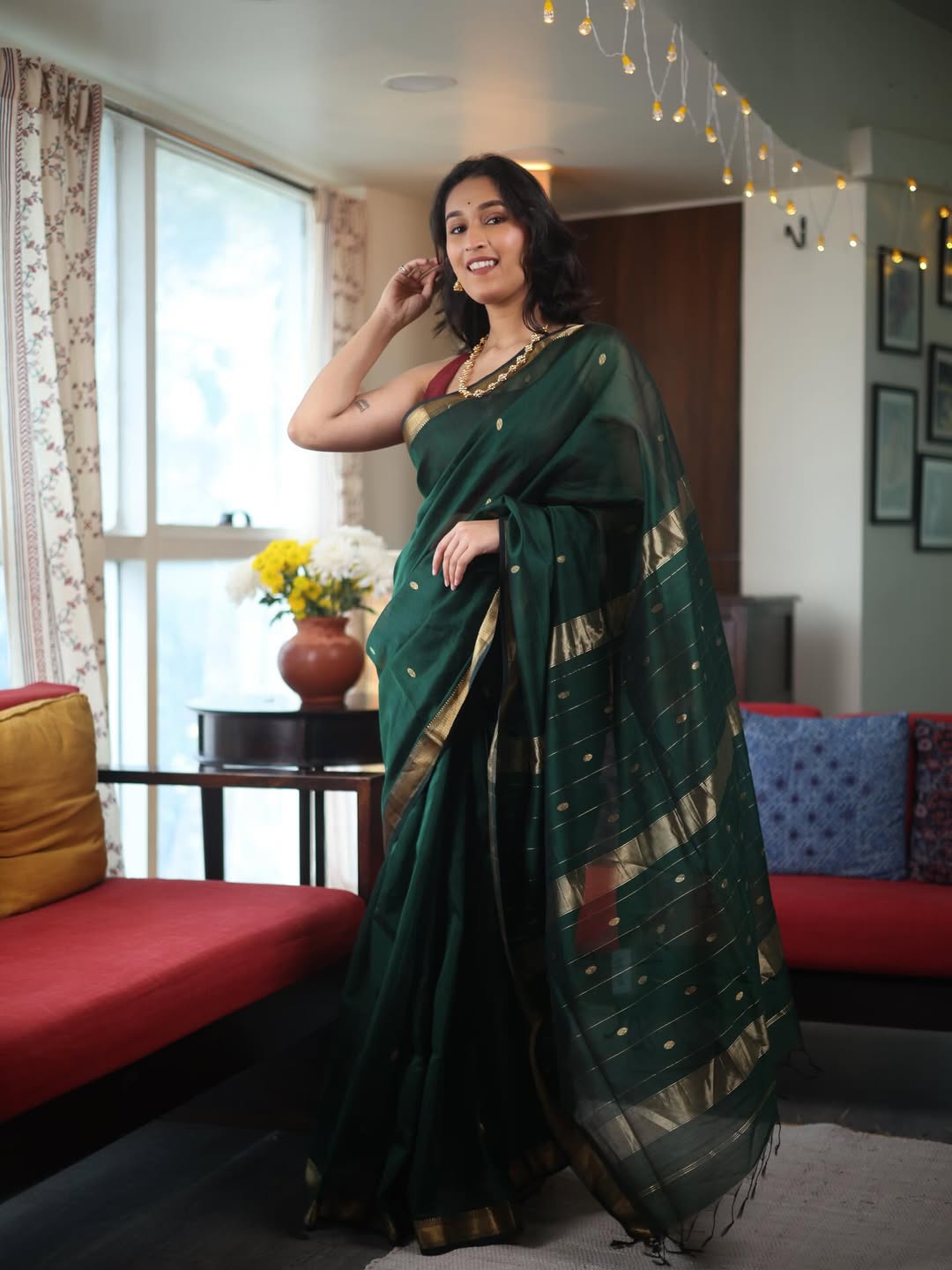 Glorious Dark Green Cotton Silk Saree With Proficient Blouse Piece