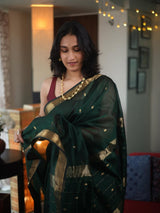 Glorious Dark Green Cotton Silk Saree With Proficient Blouse Piece