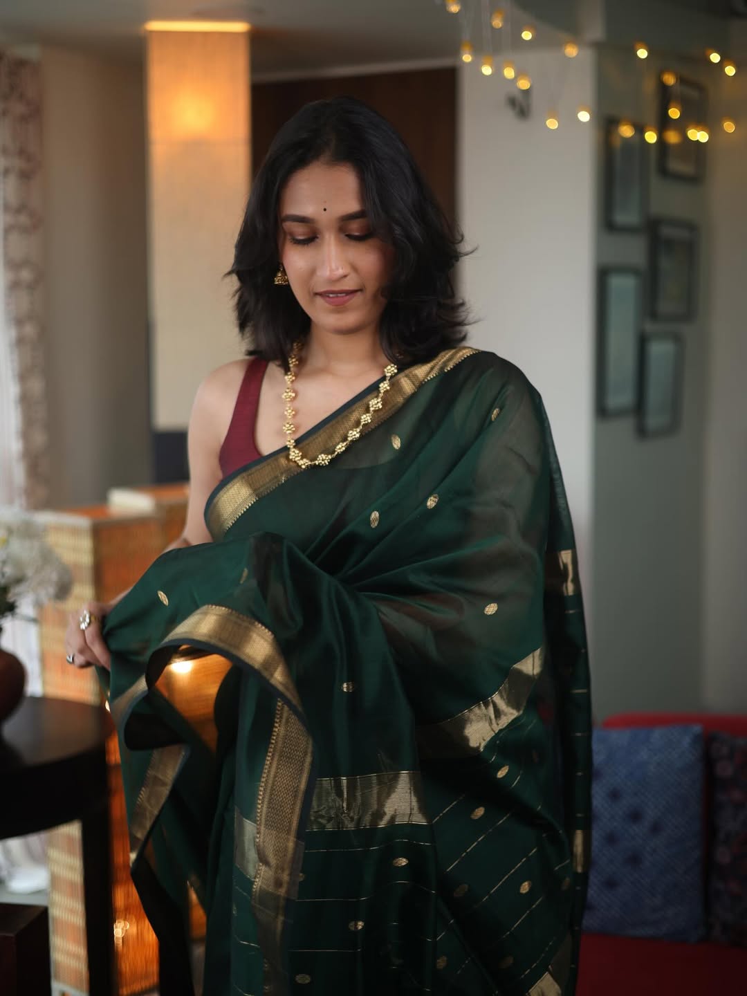 Glorious Dark Green Cotton Silk Saree With Proficient Blouse Piece