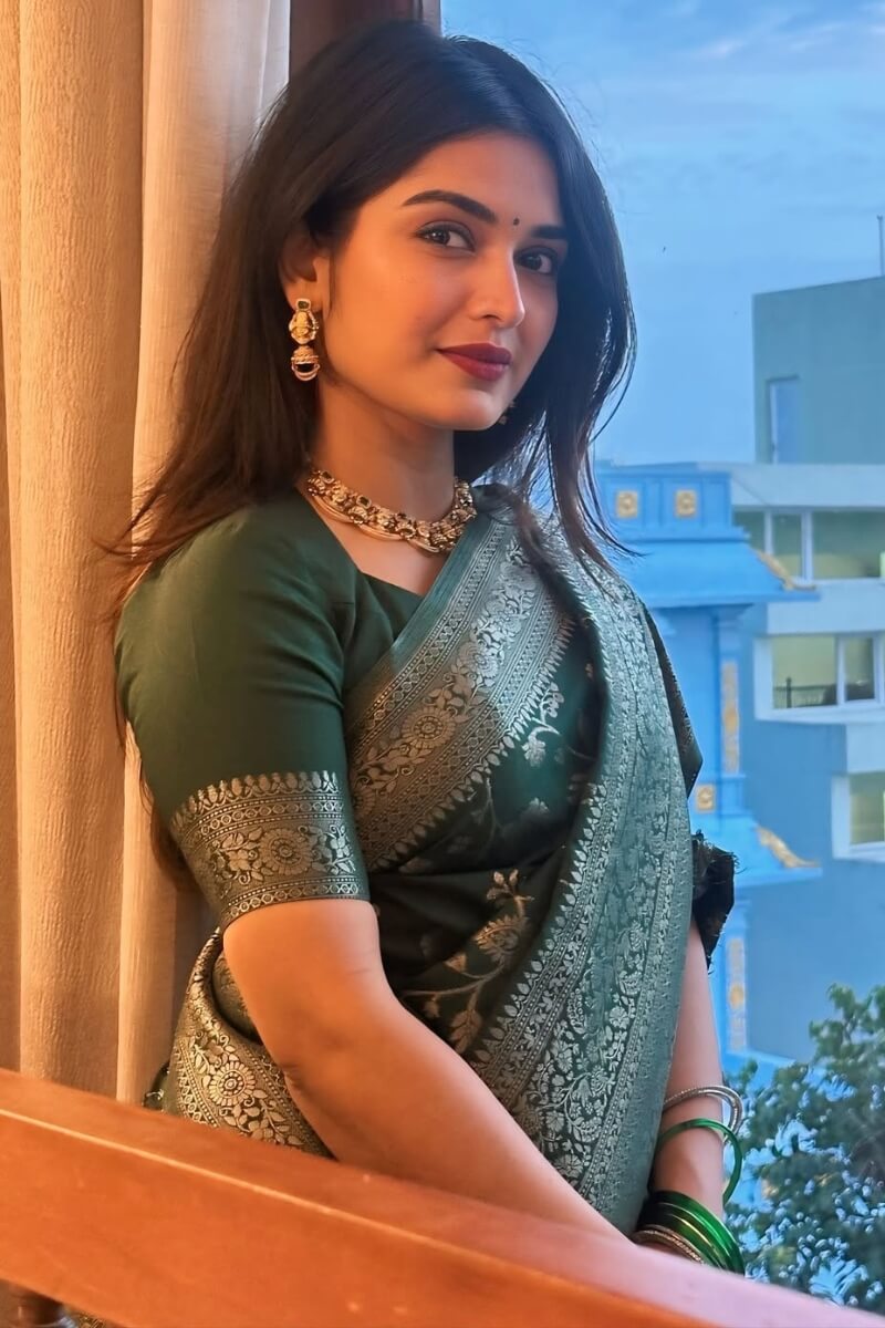Petrichor Dark Green Soft Silk Saree With Embellished Blouse Piece