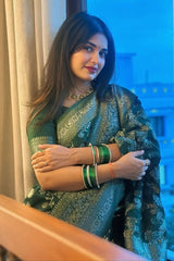 Petrichor Dark Green Soft Silk Saree With Embellished Blouse Piece