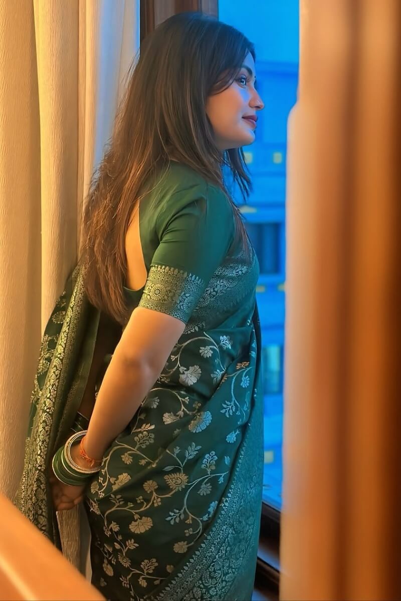 Petrichor Dark Green Soft Silk Saree With Embellished Blouse Piece