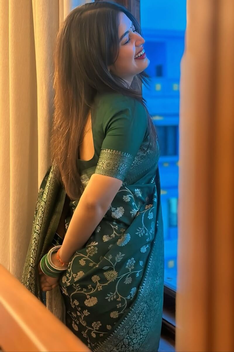 Petrichor Dark Green Soft Silk Saree With Embellished Blouse Piece