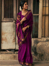 Elaborate Purple Soft Silk Saree With Denouement Blouse Piece