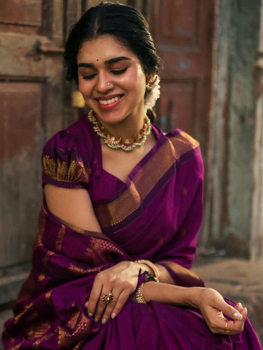Elaborate Purple Soft Silk Saree With Denouement Blouse Piece