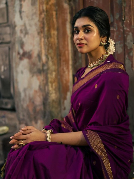 Elaborate Purple Soft Silk Saree With Denouement Blouse Piece