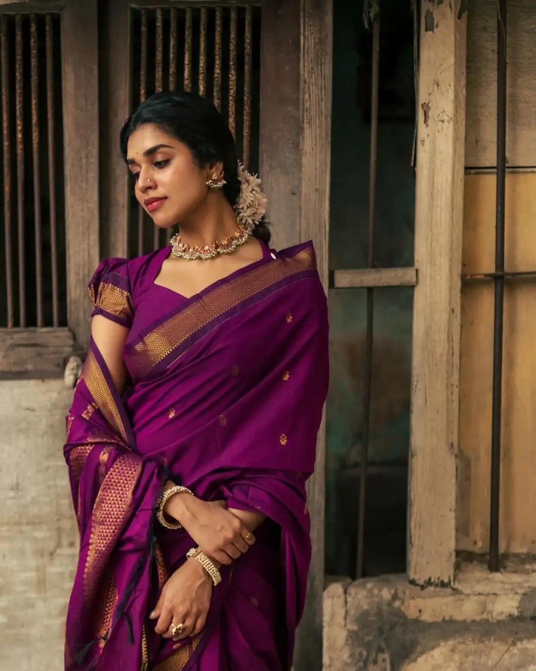 Elaborate Purple Soft Silk Saree With Denouement Blouse Piece