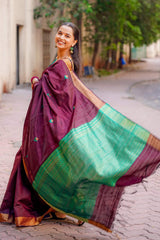 Stunning Wine Cotton Silk Saree With Palimpsest Blouse Piece