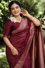 Adorable Wine Soft Silk Saree With Gratifying Blouse Piece