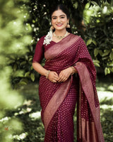 Adorable Wine Soft Silk Saree With Gratifying Blouse Piece