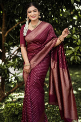 Adorable Wine Soft Silk Saree With Gratifying Blouse Piece