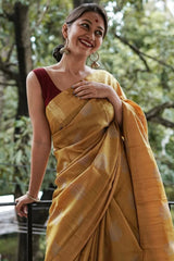 Exquisite Mustard Linen Silk Saree With Transcendent Blouse Piece