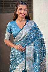 Delightful Firozi Soft Silk Saree With Petrichor Blouse Piece