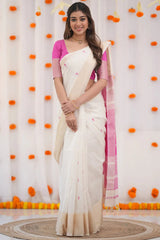 Luxuriant Beige Cotton Silk Saree With Dazzling Blouse Piece
