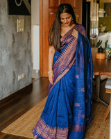 Improbable Royal Blue Cotton Silk Saree With Fragrant Blouse Piece