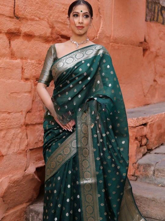 Assemblage Green Soft Silk Saree With Gossamer Blouse Piece