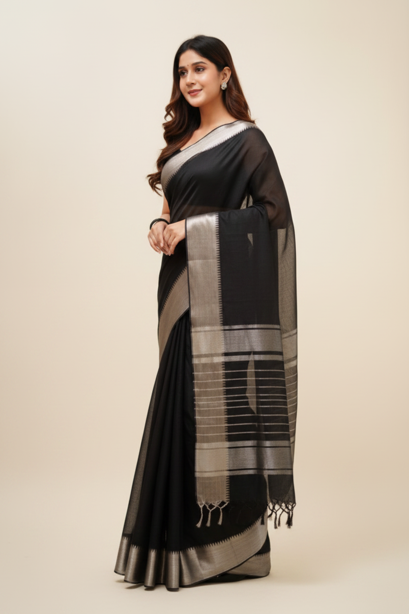 Breathtaking Black Cotton Silk Saree With Intricate Blouse Piece