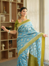 Devastating Sky Soft Silk Saree With Glamorous Blouse Piece