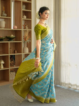 Devastating Sky Soft Silk Saree With Glamorous Blouse Piece