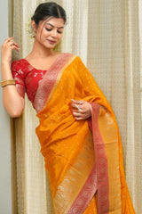 Lustrous Orange Soft Silk Saree With Elaborate Blouse Piece