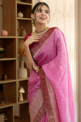 Pulsating Pink Soft Silk Saree With Opulent Blouse Piece