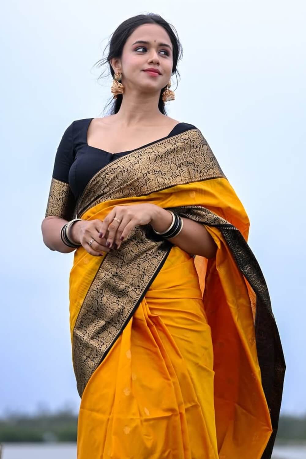 Moiety Mustard Soft Silk Saree With Transcendent Blouse Piece