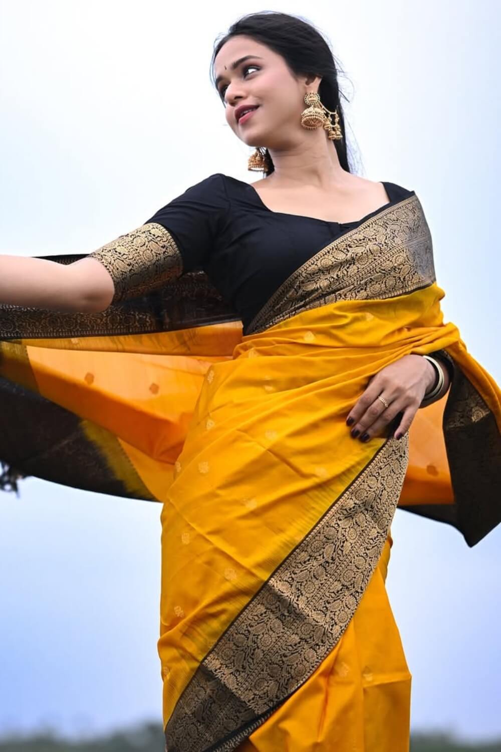 Moiety Mustard Soft Silk Saree With Transcendent Blouse Piece