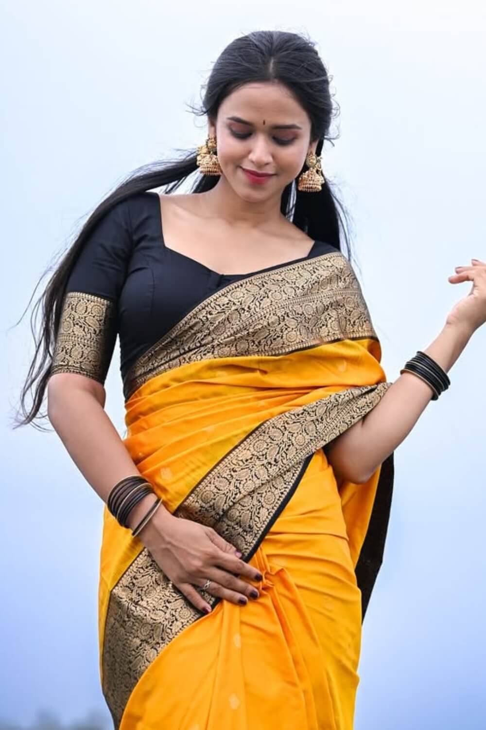Moiety Mustard Soft Silk Saree With Transcendent Blouse Piece