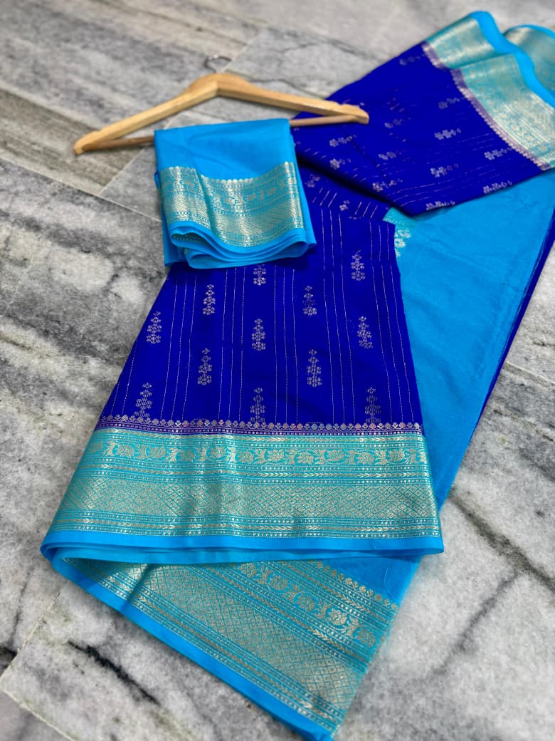 Glamorous Royal Blue Soft Silk Saree With Epiphany Blouse Piece