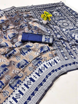 Captivating Blue Pure Zari Weaving Banarasi Silk Saree With Arresting Blouse Piece