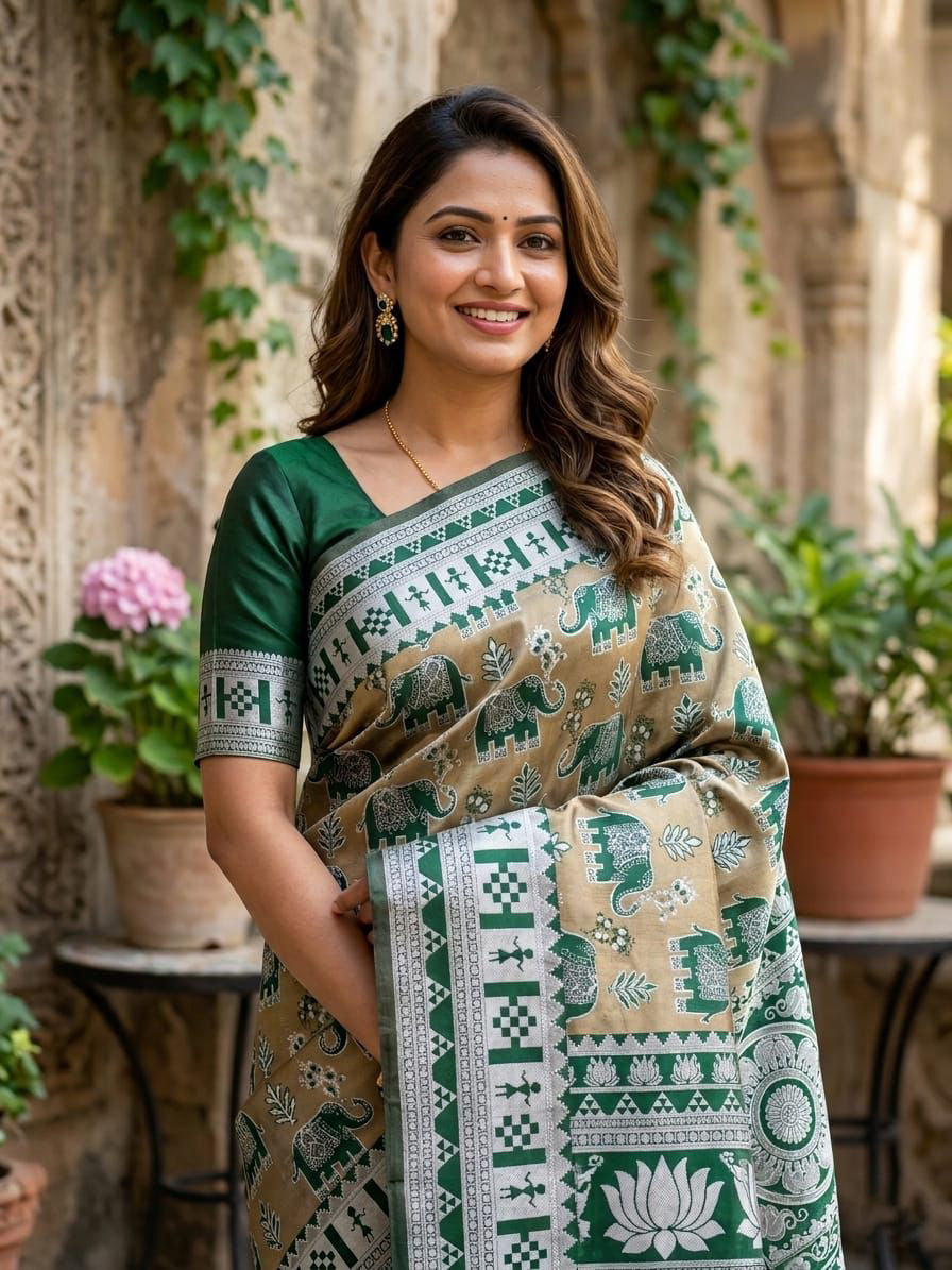 Pulsating Green Pure Zari Weaving Banarasi Silk Saree With Efflorescence Blouse Piece