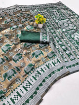 Pulsating Green Pure Zari Weaving Banarasi Silk Saree With Efflorescence Blouse Piece