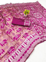 Luxuriant Pink Pure Zari Weaving Banarasi Silk Saree With Beleaguer Blouse Piece
