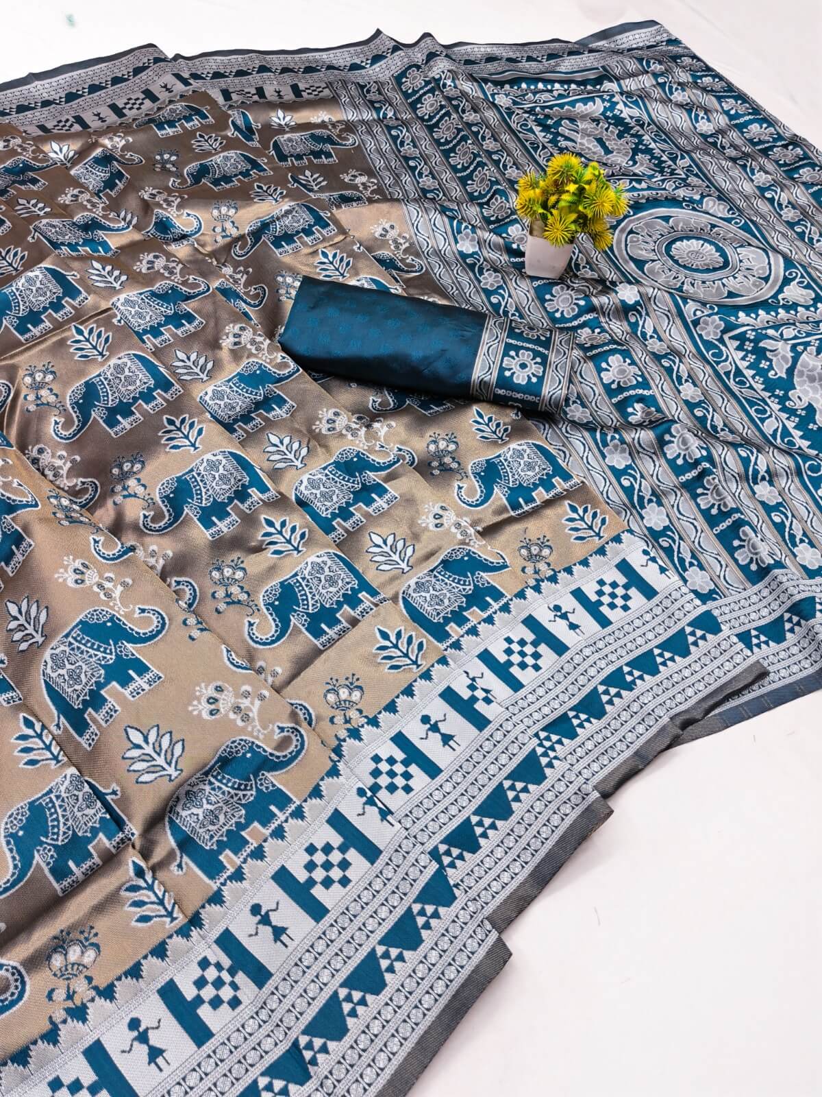 Enthralling Rama Pure Zari Weaving Banarasi Silk Saree With Embellished Blouse Piece